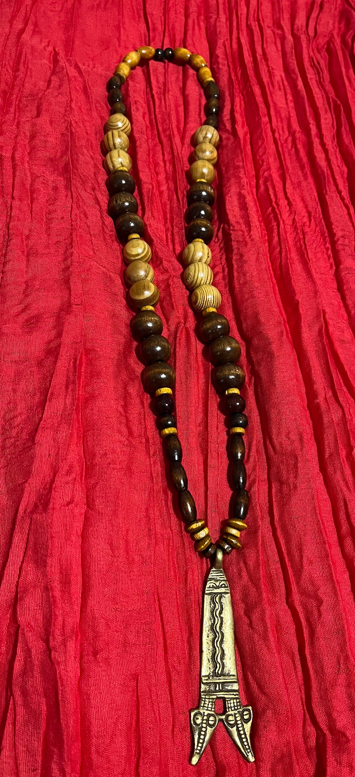 African Wooden Bead Necklace w/ Double Head Gator Pendant