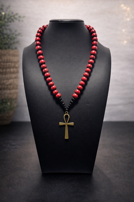 Wooden Beaded Ankh Necklace
